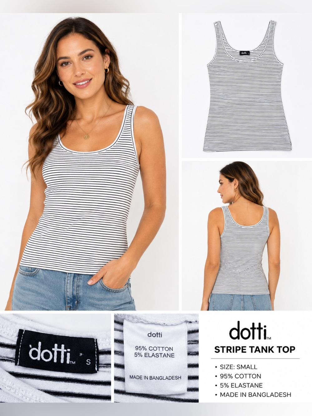 Dotti Black WhiteStripe TankTop Women’s Small Stretch Cotton Basic Layering Cami